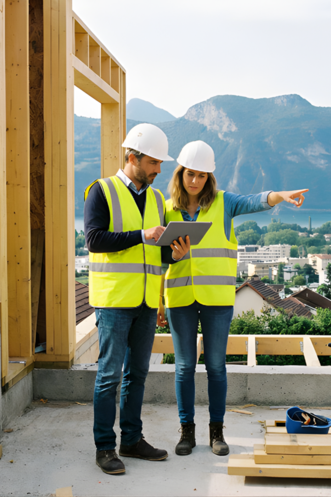 Deux architectes effectuent un suivi de chantier pour une maison individuelle, à Aix-les-bains en Savoie.
