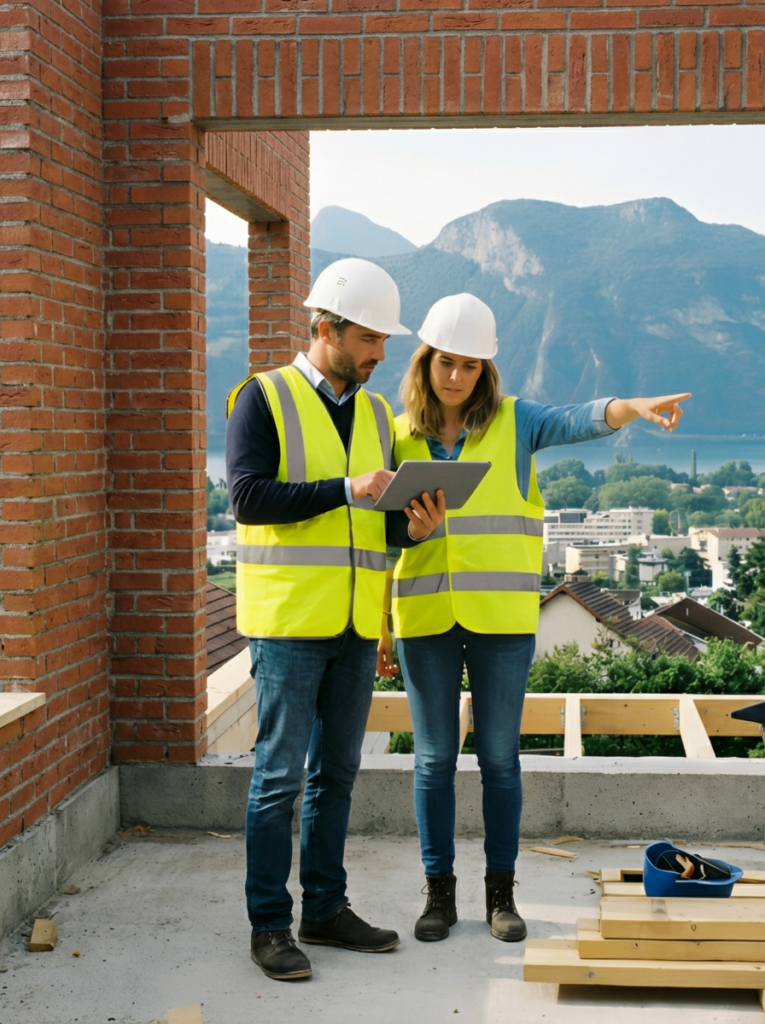 Deux architectes effectuent un suivi de chantier pour une maison individuelle, à Aix-les-bains en Savoie.